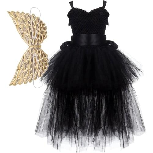 Black Girls Tutu Dress Tulle V-neck Girl Evening Birthday Party Dresses Kids Girl Ball Gown Halloween Costume