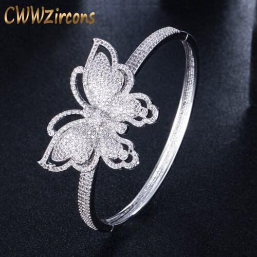CWWZircons Brand Micro Pave Cubic Zirconia Stones Geometric Butterfly Shape Big Wide Silver Color Open Bangles For Women BG008