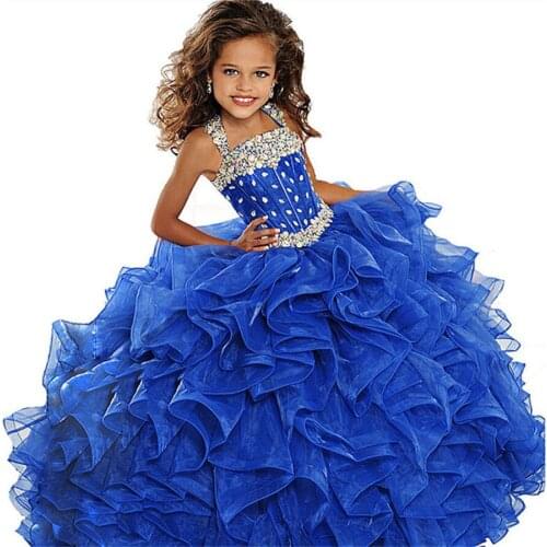 Kids Pageant Dresses Ball Gown Beaded Straps Handmade Pleated Blue Organza Prom Gown Flower Girls Dress for Wedding Party