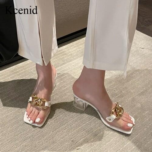 Kcenid 2021 Summer Fashion PVC Women Shoes Clear Crystal Square Heel Open Toe Slippers Metal Chain Decoration Dress Party Pumps