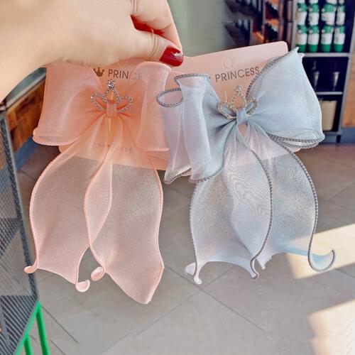 Korean Pearlescent Mesh Streamer Hair Bows French Clips Crystal Crown Princess Ponytail Hair Clip Sweet Hairgrips Accessories