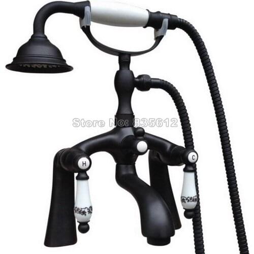 Black Oil Rubbed Brass Deck Mounted Bathroom Bathtub Faucet + Telephone Style Handheld Shower + Ceramic Handles Mixer Tap Wtf512