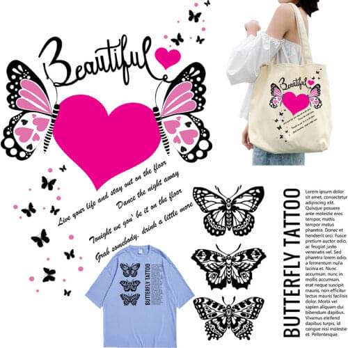 Love Heart Butterfly Heat Transfer PVC Patch Cloth patches Stickers t shirts Patches for clothing Iron-on Transfers