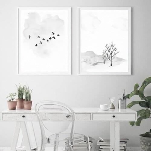 Minimalist Watercolor Art Prints Winter Decor Monochrome Simple Posters Flock of Birds Art Canvas Painting Home Wall Pictures