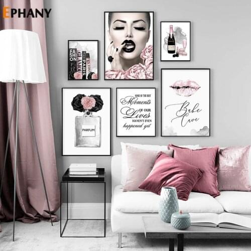 Champagne Perfume Fashion Book Wall Art Poster Pink Lips Canvas Print Beauty Salon Painting Picture Modern Girl Room Home Decor