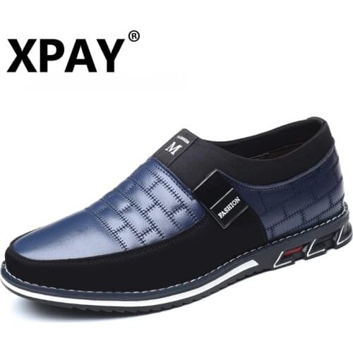 XPAY Genuine Leather Men Casual Shoes Brand 2019 Mens Loafers Moccasins Breathable Slip on Black Driving Shoes Plus Size 38-46