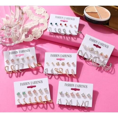 New 6 Pairs Round Crystal Pearl Earring Set Fashion Gold Metal Earing Circle Geometric Vintage Earring for Women Jewelry 2021