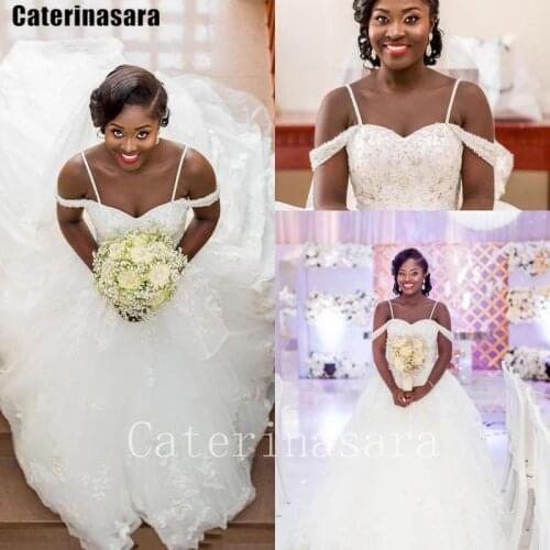 Beads Pearls Sweetheart Off-the-shoulder Tulle Wedding Dress with Spaghetti Straps Custom Made Bridal Gown