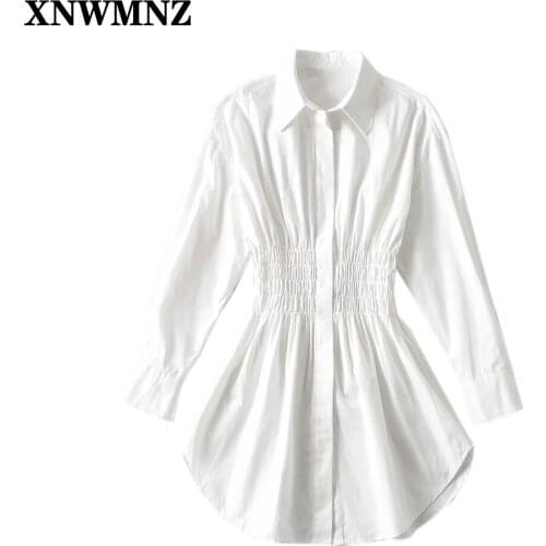 XNWMNZ New Fashion Retro Turn-down Collar High Waist Ladies Dress Summer Vestidos Puff Sleeve White Shirt mini Dress Women dress