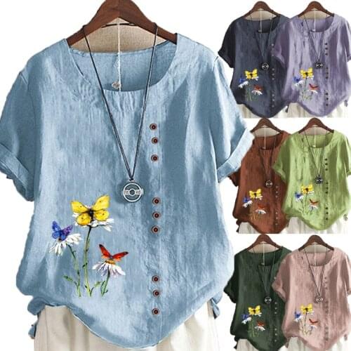 Womens Summer Fashion Casual Cotton Linen Shirt Round Neck Printed T-shirt Short Sleeve Top Loose Top S-5XL