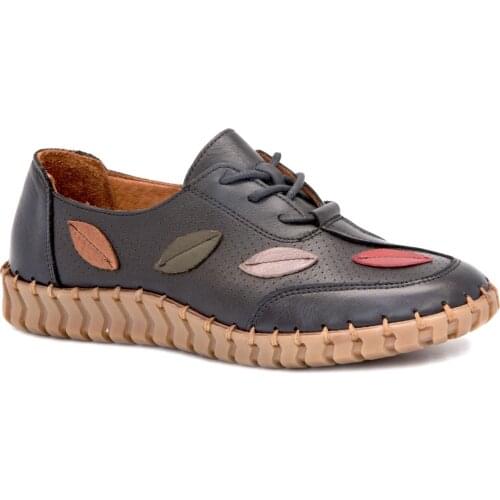 Venus 2010709Y Black 2021 Summer Women Shoes Casual Genuine Cow Leather Lace-Up Comfortable Soft Flexible Base Flower Decorated Elegant