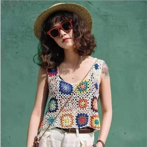 Womens Crochet Tank Tops Bohemian Sleeveless Floral Print Hollow Out Loose Crop Tops