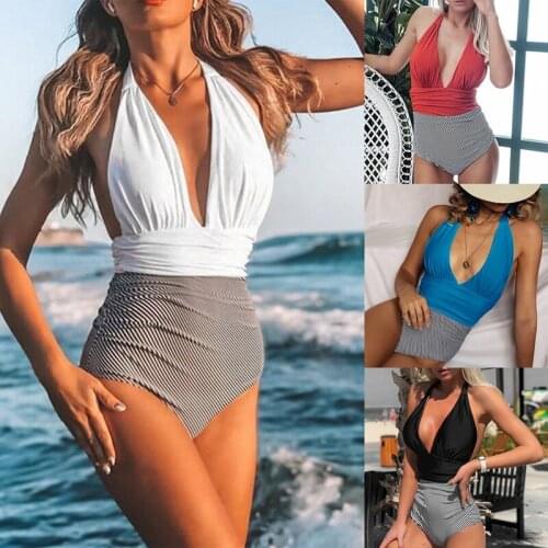 Womens One-Piece Swimsuit Deep V Neck Low-Cut Open Back High-Waist One-Piece Swimsuit