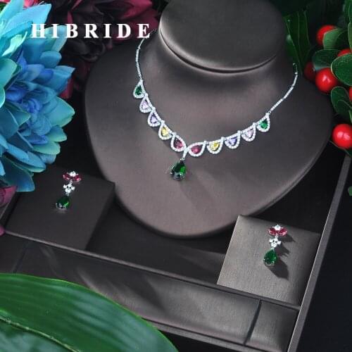 HIBRIDE Brand Sparkling AAA Cubic Zirconia Luxury Geometric Necklace and Earring 2pcs Set for Women Dating Gift for Girl N-21