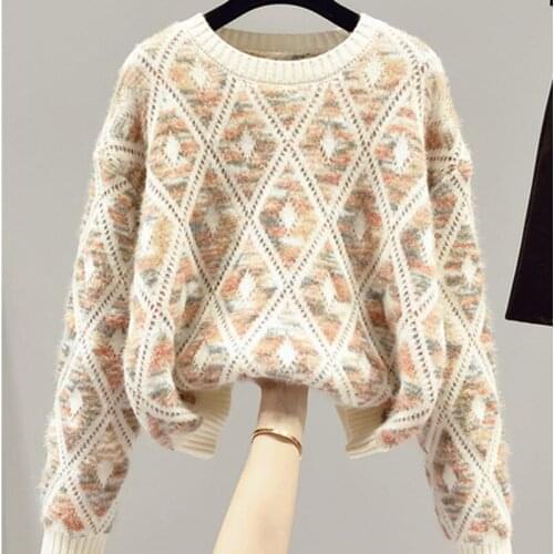 Spring Autumn Short Womens Sweater Long Sleeve Crew Neck Loose Soft Warm Pullover Women Fashion Diamond Jumpers Female