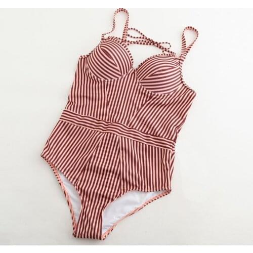 Women Striped One Piece Swimsuit Red Bandage Bathing Suit High Waist Beachwear Girl Push Up Swim Suit Sexy Bodysuit Monokini