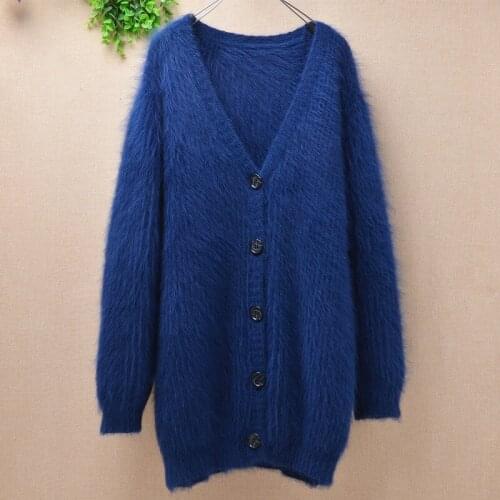 Ladies women medium long thicken warm V-neck genuine fuzzy mink cashmere angora rabbit knitting cardigan sweater fur coat mantle