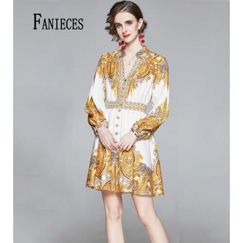 Summer Runway Designer Dresses Womens autumn long Sleeve Shirt Collar yellow Floral Printed Baroque Dress vestido streetwear