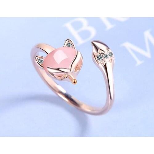 Woman Fashion Adjustable Open Rings High Quality Crystal Zircon Pink Agate fox Ring Simple Finger Je