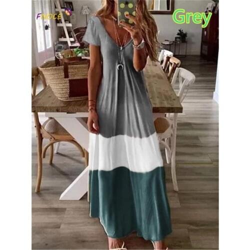 FNOCE Gradient Printed Dress Short Sleeve Bohemian Loose Long Dresses V-Neck 2021 Summer Casual Womens Clothing Fashion Urban