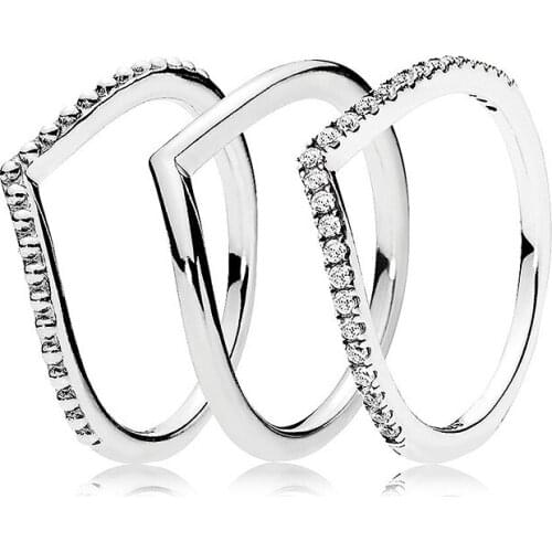 Bewill Silver Wish Bone Ring Set With Crystal Stack Ring 925 Sterling Silver Ring For Women Wedding Party Gift Fine Jewelry