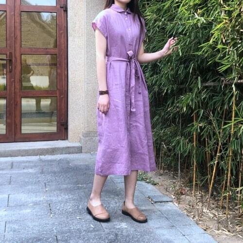 Women Loose Linen Dress Ladies Summer Vintage Flax Dresses Female 2021 Short Sleeve Dresses