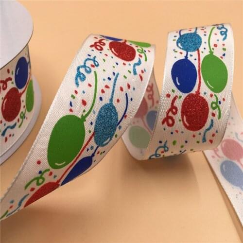 38MM 25yards Wired Edge White Taffeta Ribbon Multicolor Glitter Balloon for Festival Christmas Decoration New Year Gift Wrapping
