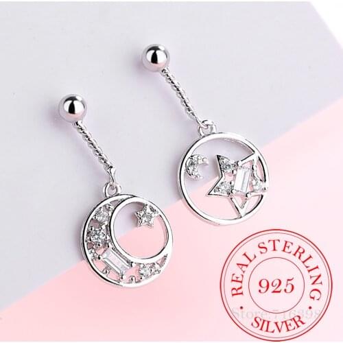925 Sterling Silver Big Round Star Moon Statement Dangle Earrings For Women Lady Fashion Jewelry Pendientes Mujer Moda