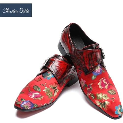 Christia Bella Men Red Buckle Strap Suede Wedding Party Loafers Formal Dress Shoes Smoking Slippers Men Flats Plus Size 38-47
