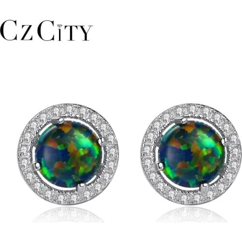 CZCITY Round Real Sterling 925 Silver Stud Earring for Women Colorful Fire Opal Jewelry Post Earring Female Attractive Gift 2018
