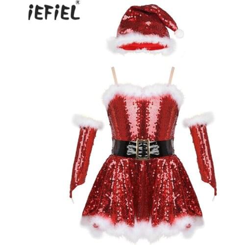 Kids Girls Christmas Santa Dance Costume Outfit Adjustable Straps Sequins Figure Ice Skating Roller Skating Ballet Dance Dress