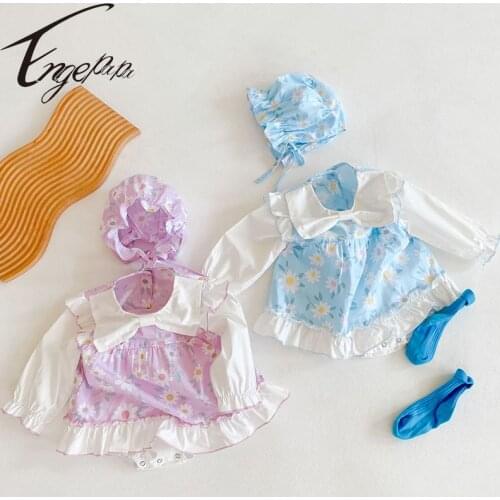 Engepapa Spring Autumn Infant Baby Girls Dress Bodysuits+Hat Newborn Baby Girls Cotton Long Sleeve Jumpsuit Baby Girls Clothes