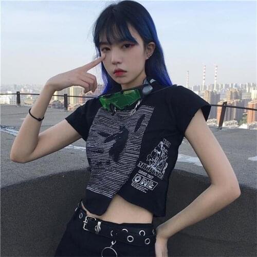 Gothic Black Patchwork Female T-shirt Streetwear Punk Slim Funny Print T shirt Women Harajuku Sexy Short sleeve Crop Tops Tee
