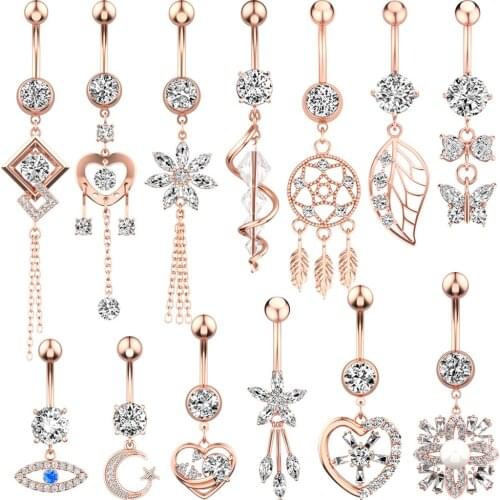 New Zircon Fashion Navel Piercing Surgical Stainless Steel Butterfly Heart Belly Button Rings Belly Piercings Dangled Body Jewel