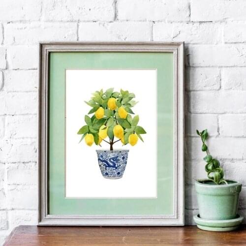 Lemon Print Chinoiserie Planter Bonsai Canvas Painting Zen Oriental Wall Art Blue White Willow Style Lemon Poster Kitchen Decor