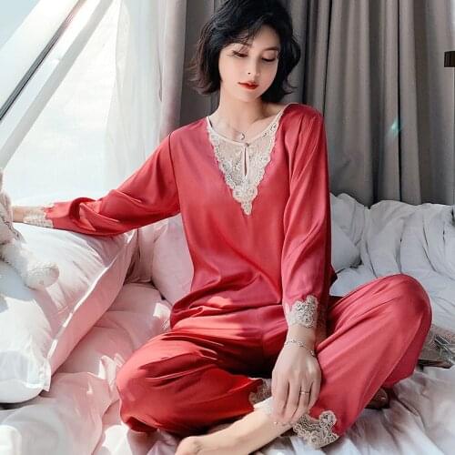 Lisacmvpnel Hollow Out Lace Sexy Ice Silk Pajamas Women Long Sleeve Trousers Sleepwear