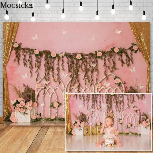 Mocsicka Spring Pink Flower Cake Smash Photography Backdrops Girl 1st Birthday Photo Props Studio Booth Background
