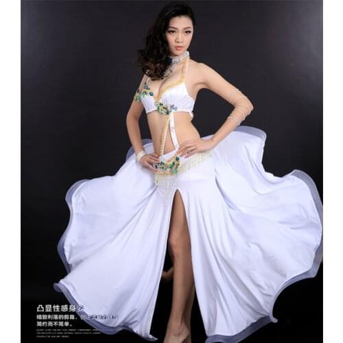 Free shipping Ney style belly dance costume set (bra+belt+skirt+arm) color stones 4pcs