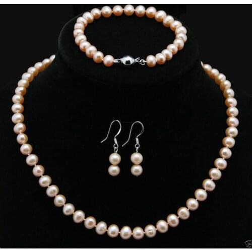 Natural 7-8mm Pink Akoya Cultured Pearl Necklace Bracelet Earrings Jewelry Set