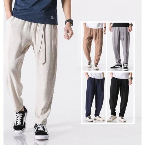 New Summer High Quality Mens Casual Pants Cotton Linen Trousers Elastic Waist Harem Pants Natural Thin Breathable Loose Men Mid