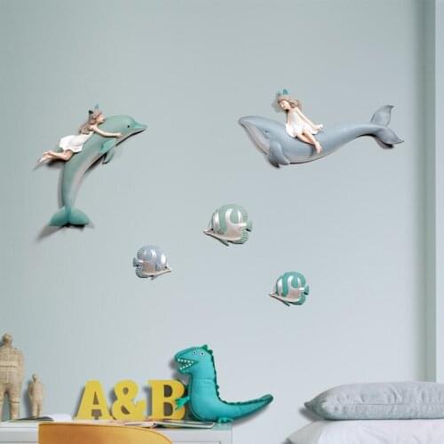 Nordic Cute Girl Whale Fish Resin Ornaments Wall Stickers Hotel Porch Wall Mural Decoration Home Livingroom Wall Hanging Crafts