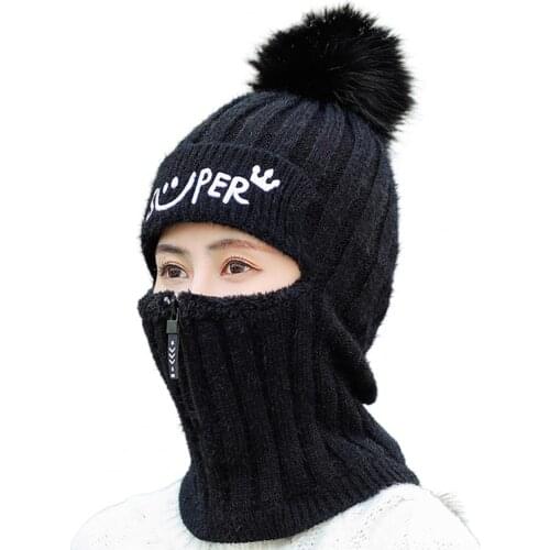 Knitted Hat Women Winter Thick Knitted Woolen Warmth Zipper Cap Neck Gaiter Outdoor Hat
