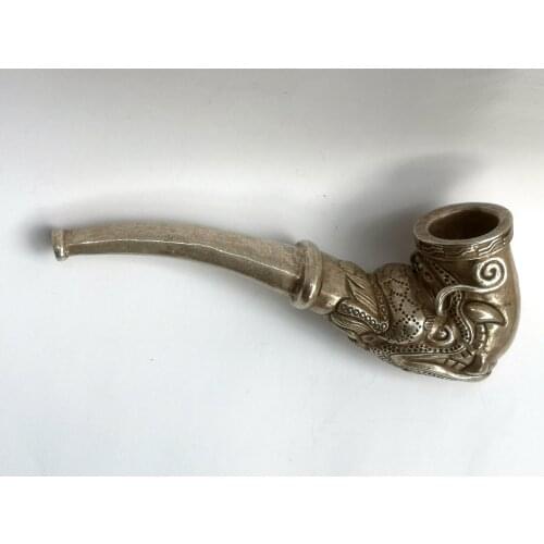 YIZHU CULTUER ART Collection Chinese Tibet Silver Carving Dragon Head Tobacco Pipe Wonderful Gift Decoration