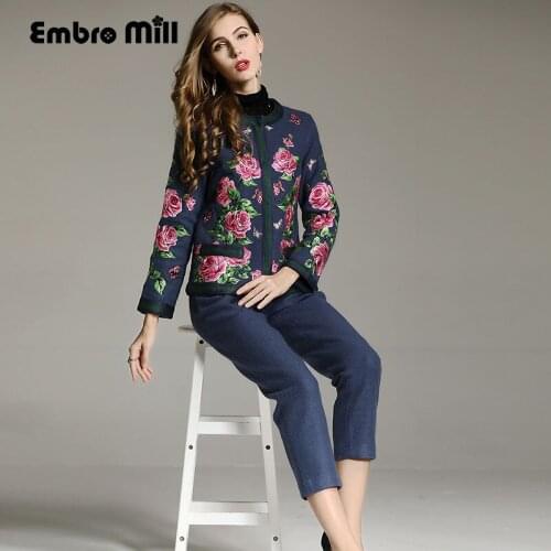 Women suit set royal calf-length pants + loose wool embroidery floral wool coat 2 pieces elegant lady suit female M-XXXL
