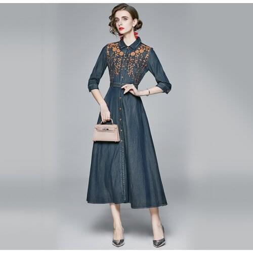 ZUOMAN Women Spring Luxury Embroidery Denim Dress Shirt High Quality Long Elegant Party Robe Femme Vintage Designer Vestidos
