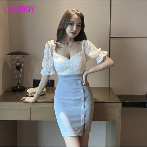 Nightclub sexy dress with low-cut waist and split buttocks Office Lady Sheath Patchwork Knee-Length