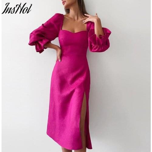 Spring Autumn Elegant Bubble Sleeve Club Dress Fashion Square Collar Slit Slim Long Dress Office Lady Solid Party Dress Vestidos