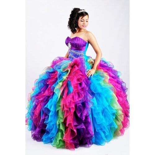 2021 Colorful Rainbow Quinceanera Dresses Puffy Organza Skirt Beaded Sweet 16 Pageant Dress Princess Corset Vestidos De 15 Anos