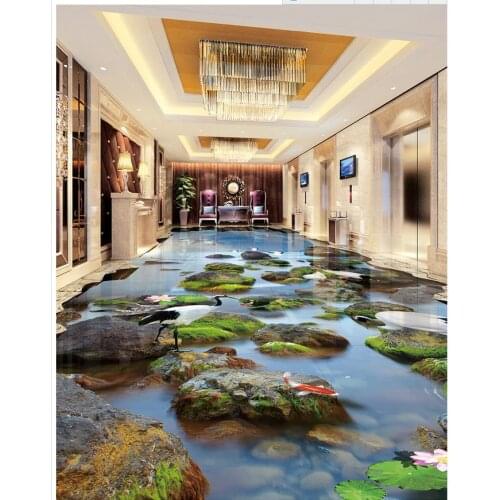 3d flooring Sea Landscape Stone Crane Lotus 3D Floor 3d bathroom wallpaper waterproof 3d floor painting wallpaper