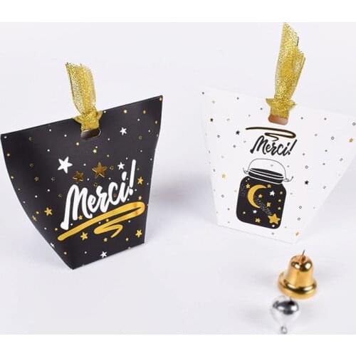5pcs Merci Paper Gift Bag Golden Star Cookie Candy Box with Ribbon Kids Paper Box for Gifts Packaging Wedding Party Decoration